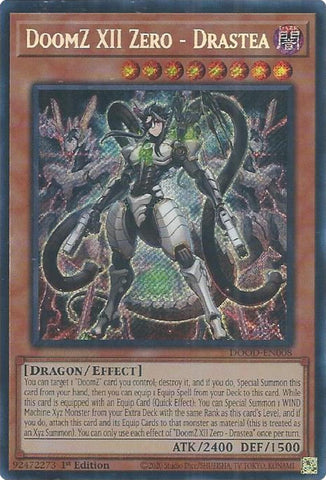 A Secret Rare "DoomZ XII Zero - Drastea" card from the Yugioh Set: Doom of Dimensions (DOOD).