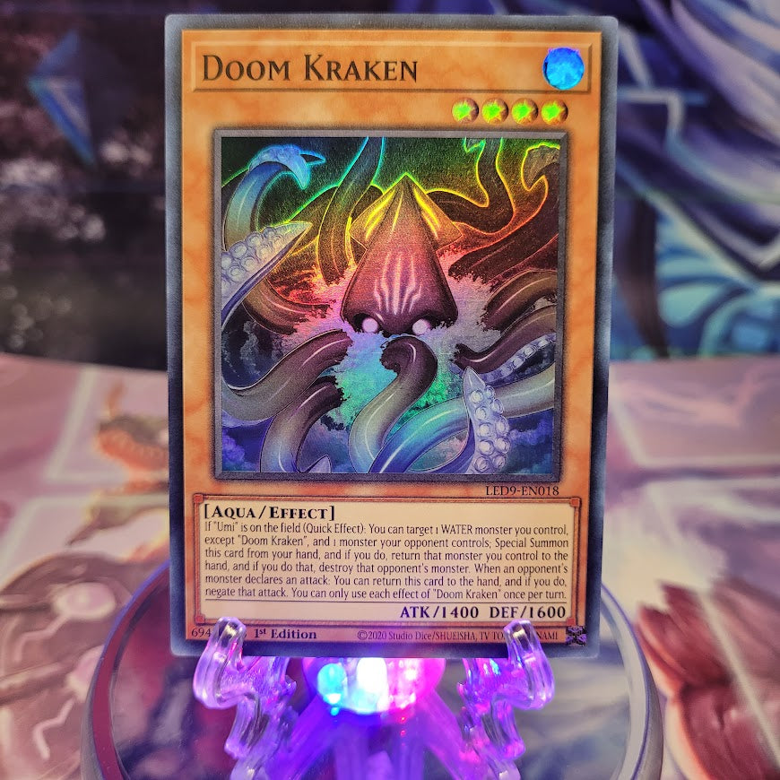  A Super Rare "Doom Kraken" card from the Yugioh Set: Legendary Duelists: Duels From the Deep.