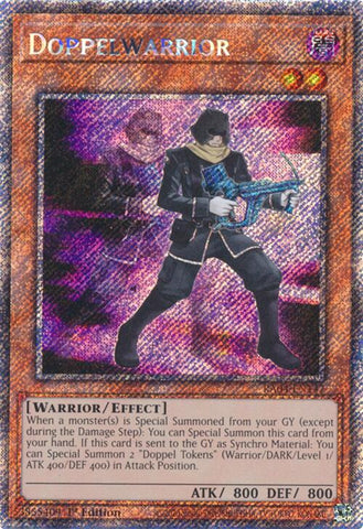 A Platinum Secret Rare "Doppelwarrior" card from the Yugioh Set: Quarter Century Stampede (RA04).