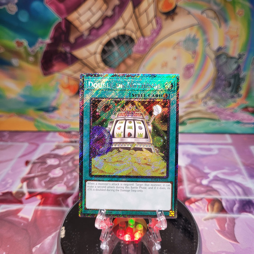 A Platinum Secret Rare "Double Or Nothing!" card from the Yugioh Set: Quarter Century Stampede (RA04).