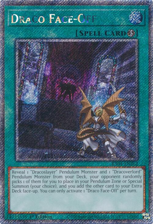 A Platinum Secret Rare "Draco Face-Off" card from the Yugioh Set: Quarter Century Stampede (RA04).
