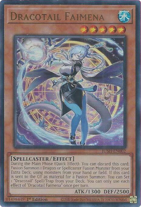 An Ultra Rare "Dracotail Faimena" card from the Yugioh Set: Justice Hunters (JUSH).