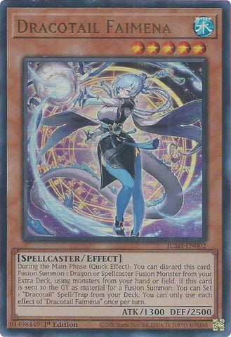 An Ultra Rare "Dracotail Faimena" card from the Yugioh Set: Justice Hunters (JUSH).