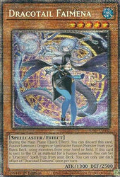 A Starlight Rare "Dracotail Faimena" card from the Yugioh Set: Justice Hunters (JUSH).