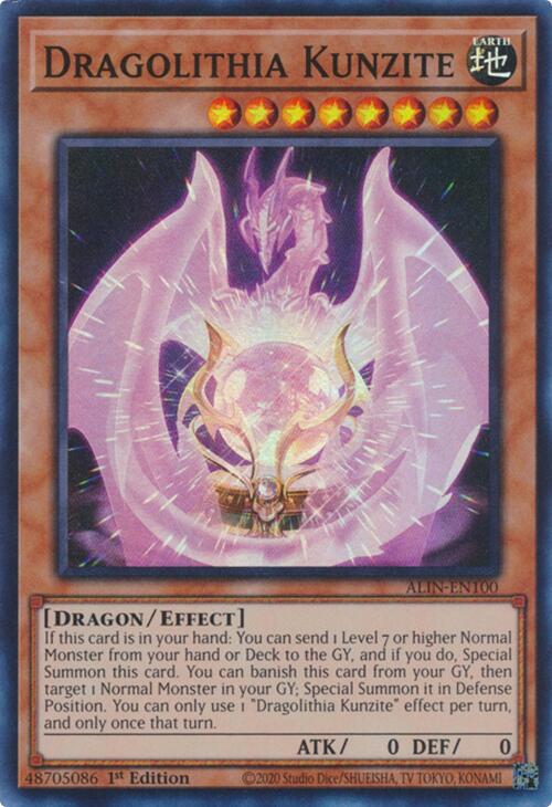 A Super Rare "Dragolithia Kunzite" card from the Yugioh Set: Alliance Insight (ALIN).