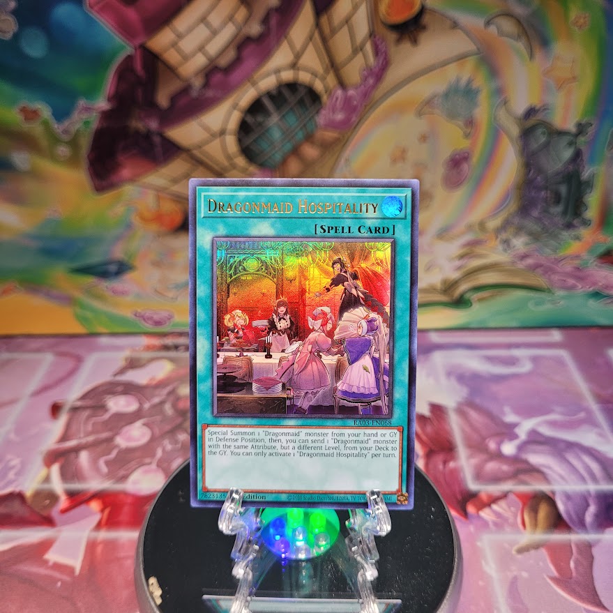 An Ultra Rare "Dragonmaid Hospitality" card from the Yugioh Set: Quarter Century Bonanza (RA03).