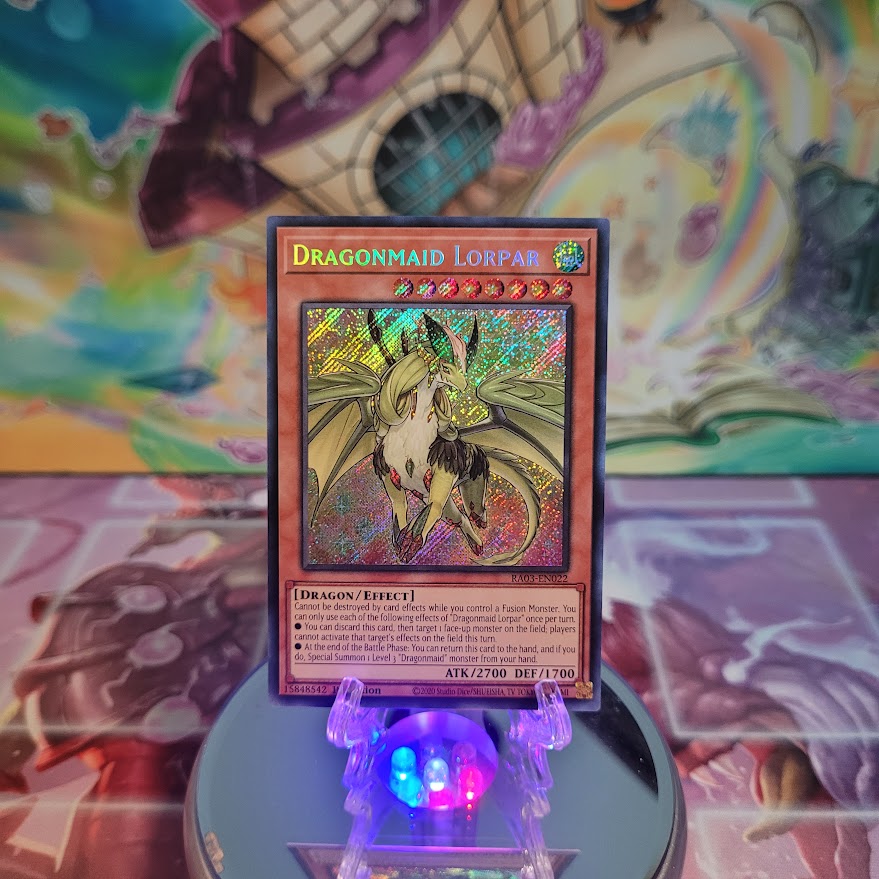  A Secret Rare "Dragonmaid Lorpar" card from the Yugioh Set: Quarter Century Bonanza (RA03).