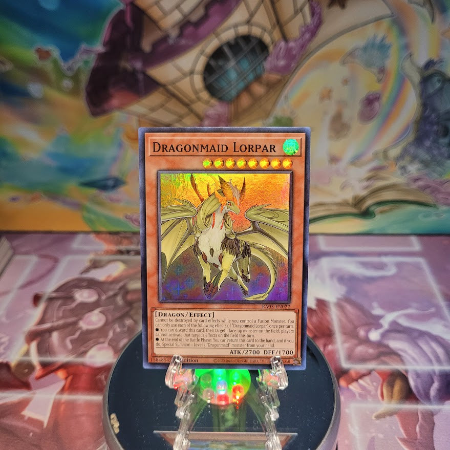 A Super Rare "Dragonmaid Lorpar" card from the Yugioh Set: Quarter Century Bonanza (RA03).