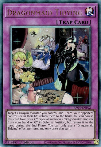 A Prismatic Ultimate Rare "Dragonmaid Tidying" card from the Yugioh Set: Quarter Century Stampede (RA04).