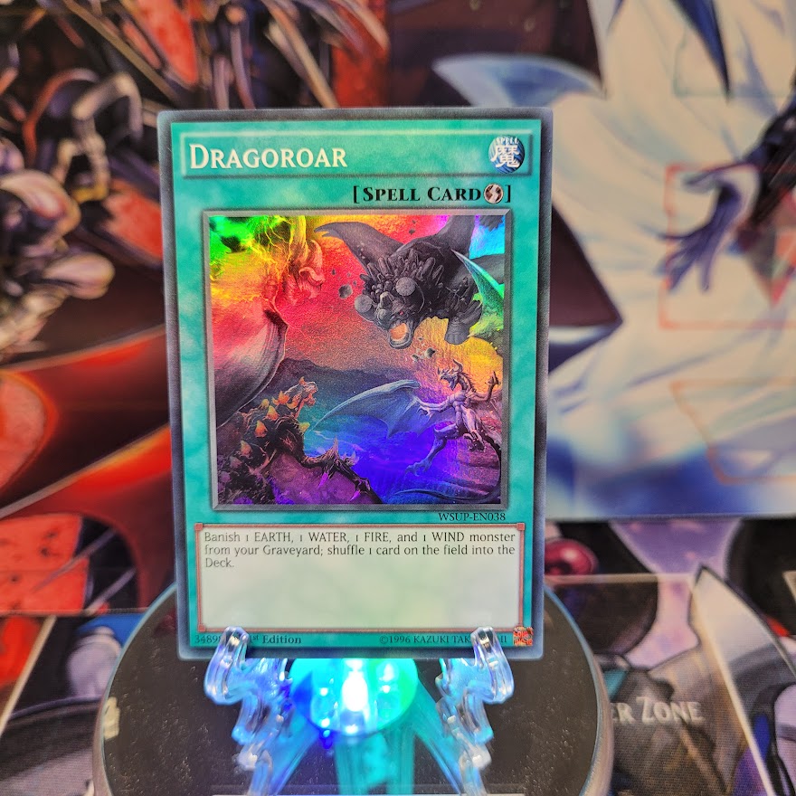 A Super Rare "Dragoroar" card from the Yugioh Set: World Superstars.