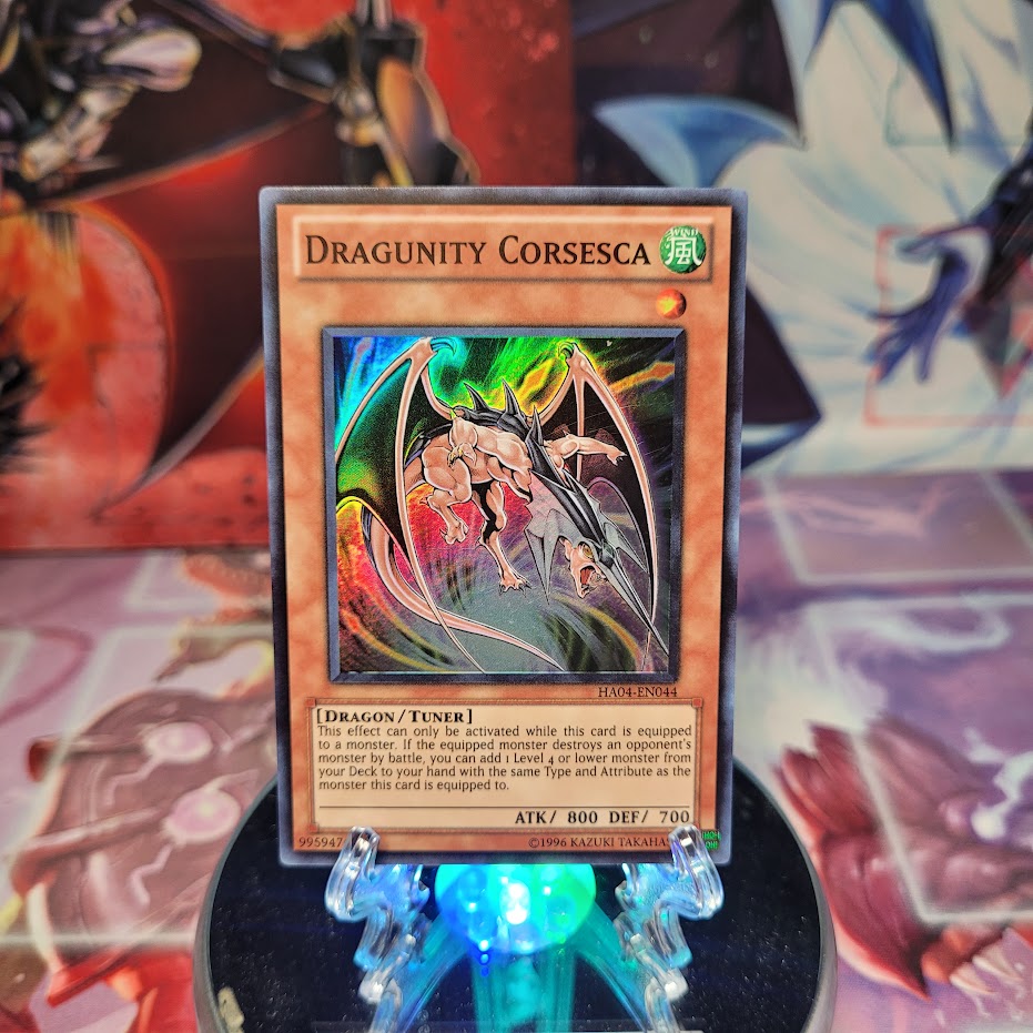 A Super Rare "Dragunity Corsesca" card from the Yugioh Set: Hidden Arsenal 4: Trishula's Triumph.