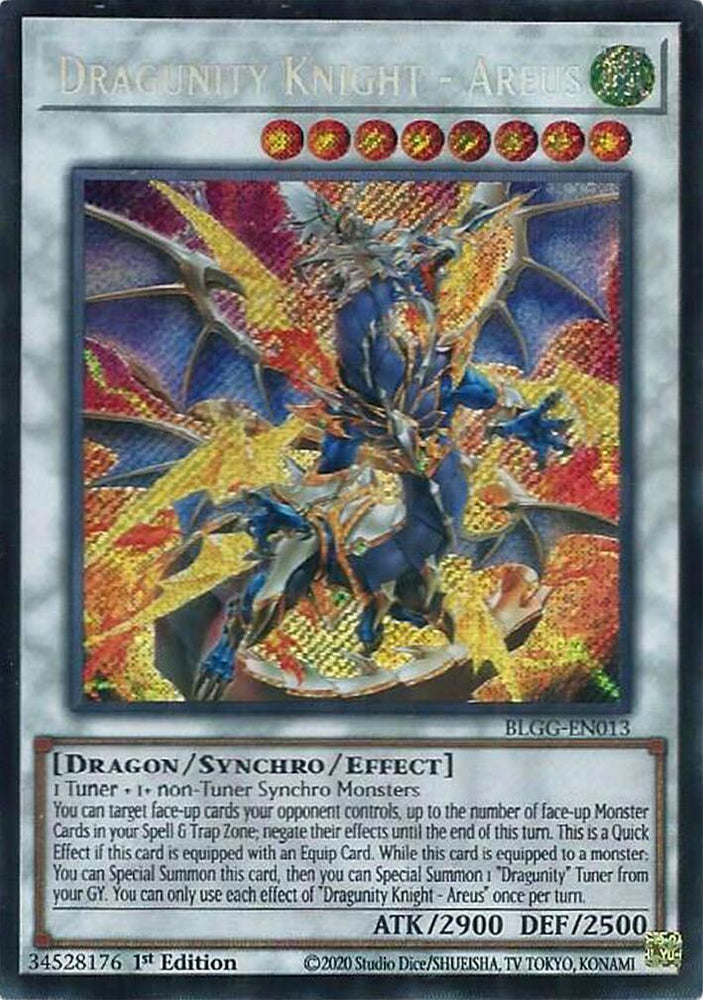 A Secret Rare "Dragunity Knight - Areus" card from the Yugioh Set: Battles of Legend: Glorious Gallery (BLGG).