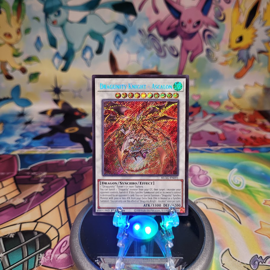A Secret Rare "Dragunity Knight - Ascalon" card from the Yugioh Set: Battles of Legend: Glorious Gallery (BLGG).