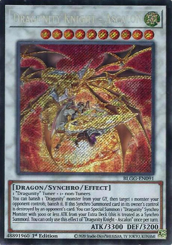 A Secret Rare "Dragunity Knight - Ascalon" card from the Yugioh Set: Battles of Legend: Glorious Gallery (BLGG).