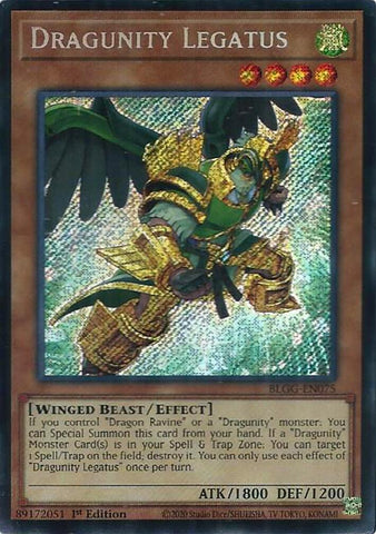 A Secret Rare "Dragunity Legatus" card from the Yugioh Set: Battles of Legend: Glorious Gallery (BLGG).