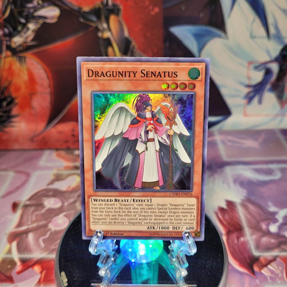 A Super Rare "Dragunity Senatus" card from the Yugioh Set: Cybernetic Horizon.