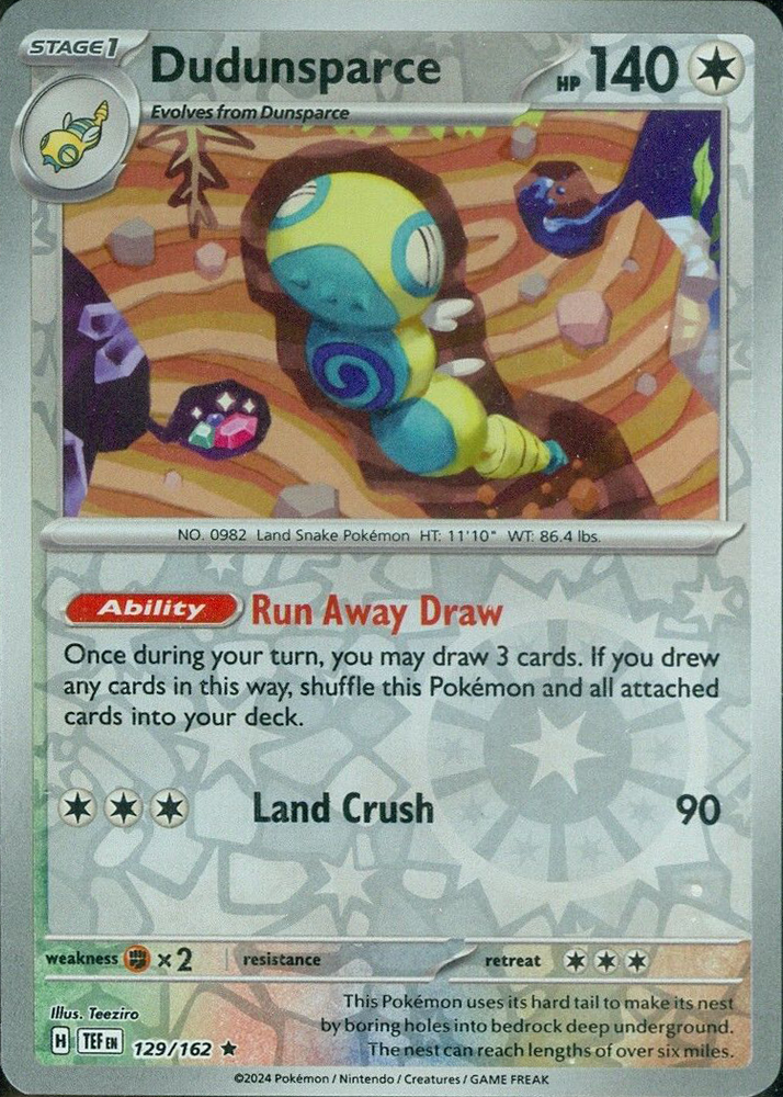 An Uncommon "Dudunsparce" (129/162) card from the Pokemon Set: Temporal Forces.