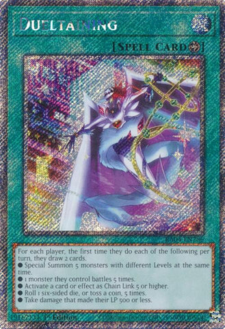 A Platinum Secret Rare "Dueltaining" card from the Yugioh Set: Quarter Century Stampede (RA04).
