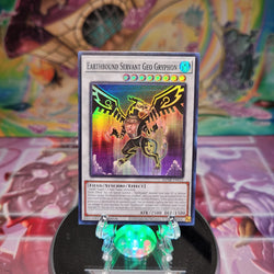 A Super Rare "Earthbound Servant Geo Gryphon" card from the Yugioh Set: Maze of Millennia.