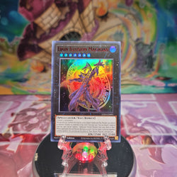 An Ultra Rare Red "Ebon Illusion Magician" card from the Yugioh Set: Legendary Duelists: Season 3.