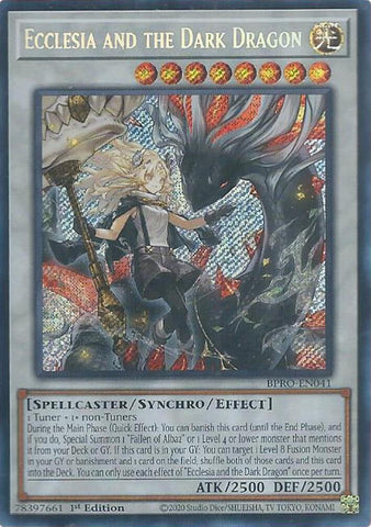 A Secret Rare "Ecclesia and the Dark Dragon" card from the Yugioh Set: Burst Protocol (BPRO).