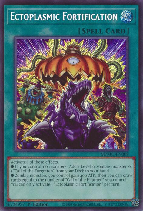 A Secret Rare "Ectoplasmic Fortification" card from the Yugioh Set: Maze of Muertos (MZMU).