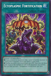 A Secret Rare "Ectoplasmic Fortification" card from the Yugioh Set: Maze of Muertos (MZMU).