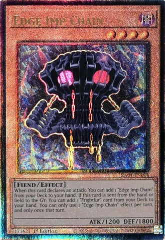 A Prismatic Ultimate Rare "Edge Imp Chain" card from the Yugioh Set: Quarter Century Stampede (RA04).