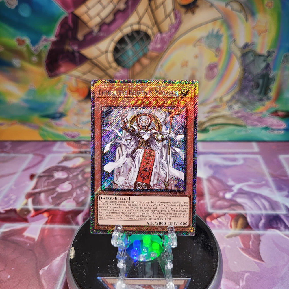 A Platinum Secret Rare "Ehther the Heavenly Monarch" card from the Yugioh Set: Quarter Century Stampede (RA04).