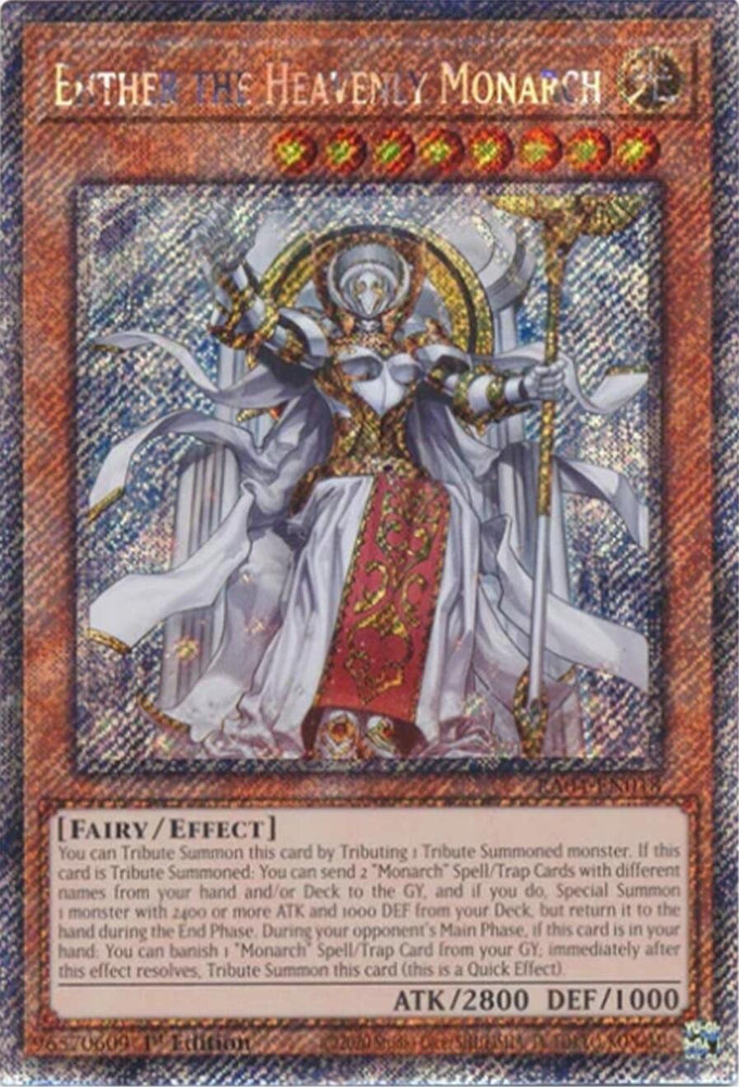 A Platinum Secret Rare "Ehther the Heavenly Monarch" card from the Yugioh Set: Quarter Century Stampede (RA04).
