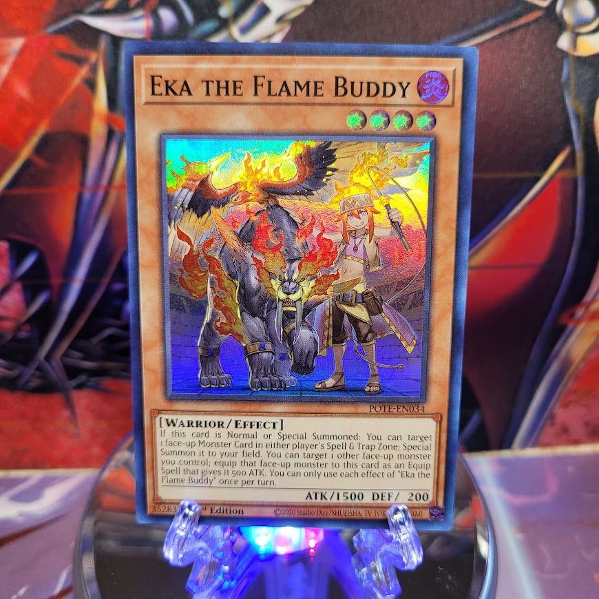 A Super Rare "Eka the Flame Buddy" card from the Yugioh Set: Power of the Elements.