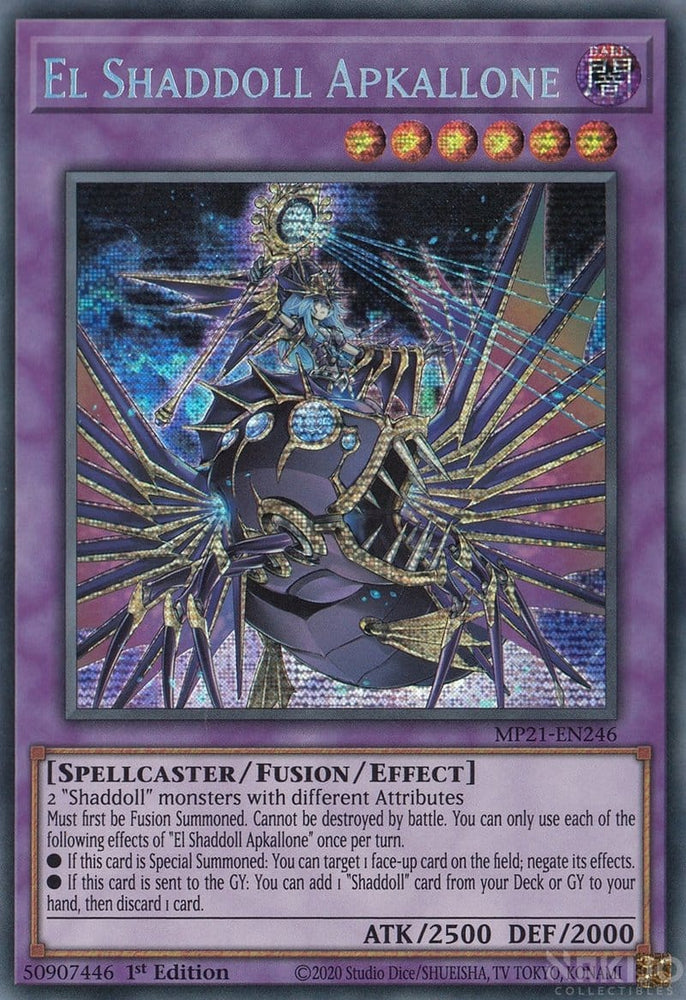 A Prismatic Secret Rare "El Shaddoll Apkallone" card from the Yugioh 2021 Tin of Ancient Battles (MP21).