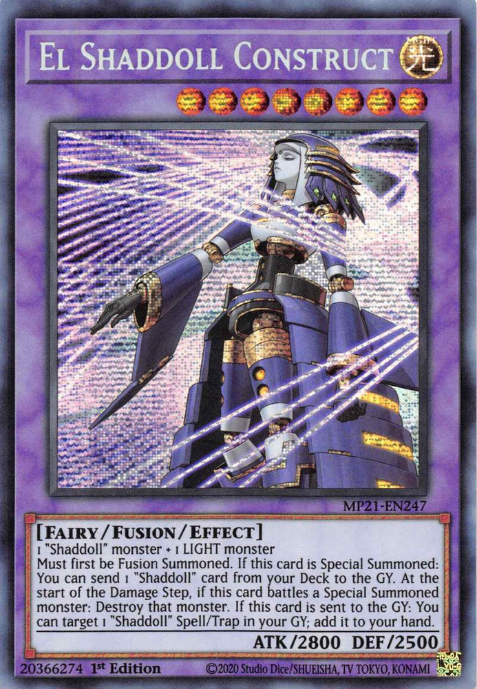 A Prismatic Secret Rare "El Shaddoll Construct" card from the Yugioh 2021 Tin of Ancient Battles (MP21).