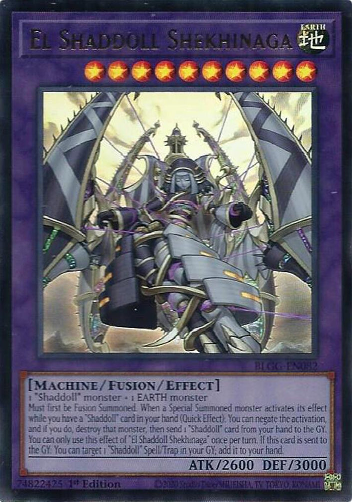 An Ultra Rare "El Shaddoll Shekhinaga" card from the Yugioh Set: Battles of Legend: Glorious Gallery (BLGG).