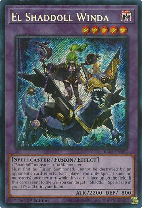 A Secret Rare "El Shaddoll Winda" card from the Yugioh Set: Quarter Century Stampede (RA04).