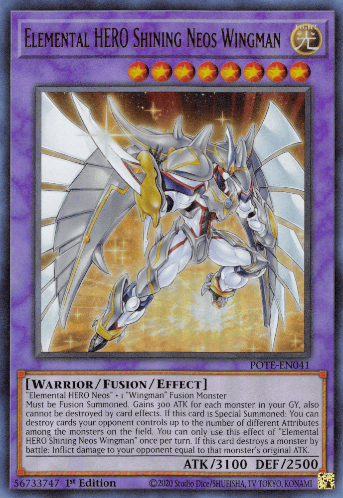 An Ultra Rare "Elemental Hero Shining Neos Wingman" card from the Yugioh Set: Power of the Elements (POTE).