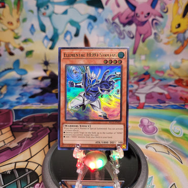 An Ultra Rare Alternate Art "Elemental Hero Stratos" card from the Yugioh Set: Battles of Legend: Chapter 1 (BLC1).