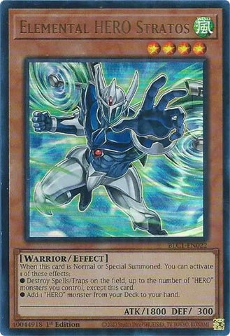 An Ultra Rare Alternate Art "Elemental Hero Stratos" card from the Yugioh Set: Battles of Legend: Chapter 1 (BLC1).