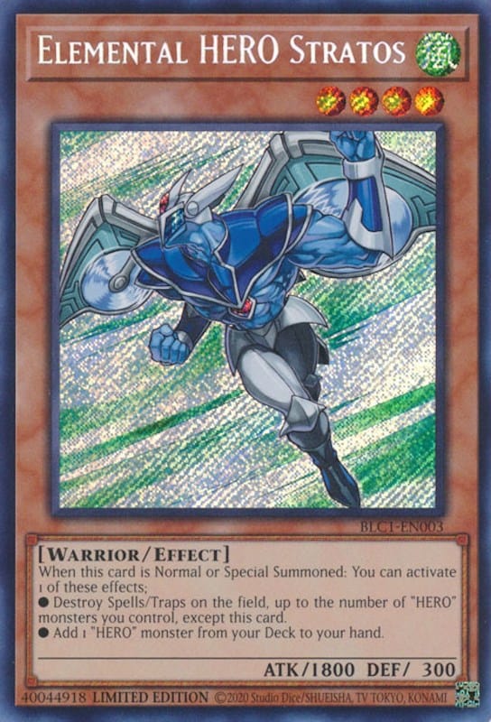 A Secret Rare "Elemental Hero Stratos" card from the Yugioh Set: Battles of Legend: Chapter 1 (BLC1).