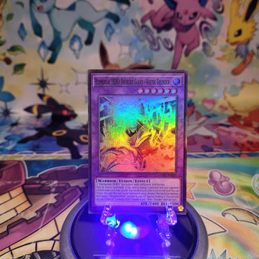 A Super Rare "Elemental Hero Thunder Giant - Voltic Thunder" card from the Yugioh Set: Maze of Muertos (MZMU).