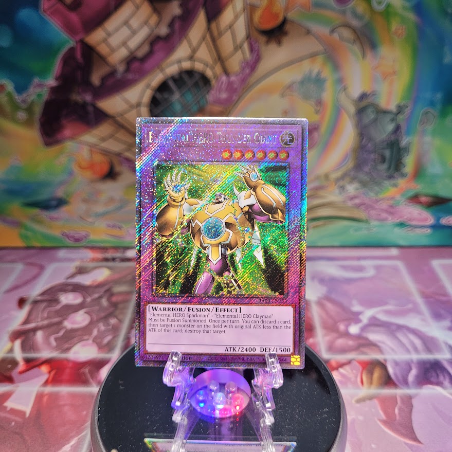 A Platinum Secret Rare "Elemental Hero Thunder Giant" card from the Yugioh Set: Quarter Century Bonanza (RA03)