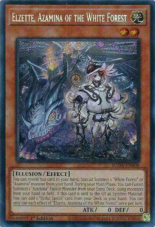 A Secret Rare "Elzette, Azamina of the White Forest" card from the Yugioh Set: Supreme Darkness (SUDA).