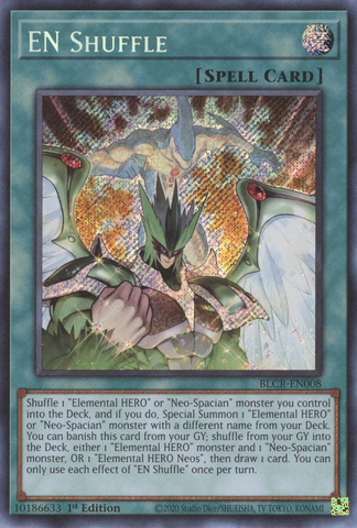 A Secret Rare "En Shuffle" card from the Yugioh Set: Battles of Legend: Crystal Revenge (BLCR).