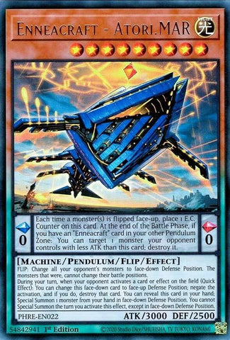 An Ultra Rare "Enneacraft - Atori.MAR" card from the Yugioh Set: Phantom Revenge (PHRE).