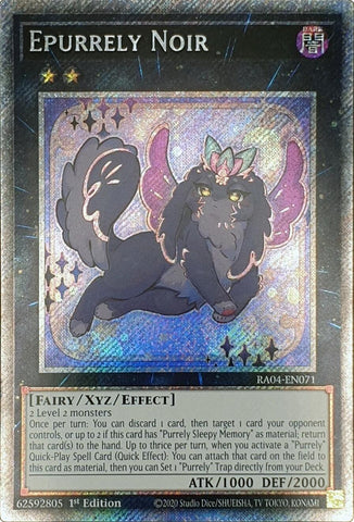A Platinum Secret Rare "Epurrely Noir" card from the Yugioh Set: Quarter Century Stampede (RA04).