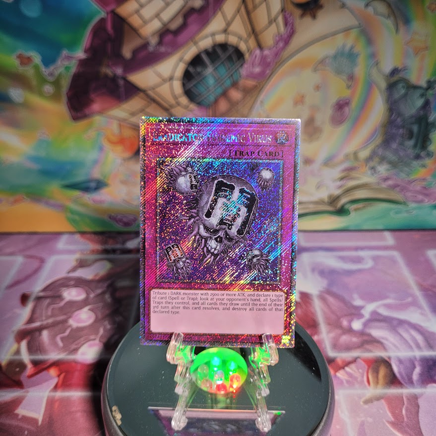 A Platinum Secret Rare "Eradicator Epidemic Virus" card from the Yugioh Set: Quarter Century Bonanza (RA03)