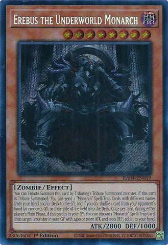A Secret Rare "Erebus the Underworld Monarch" card from the Yugioh Set: Quarter Century Stampede (RA04).