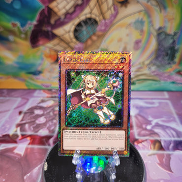 A Platinum Secret Rare "Esper Girl" card from the Yugioh Set: Quarter Century Stampede (RA04).