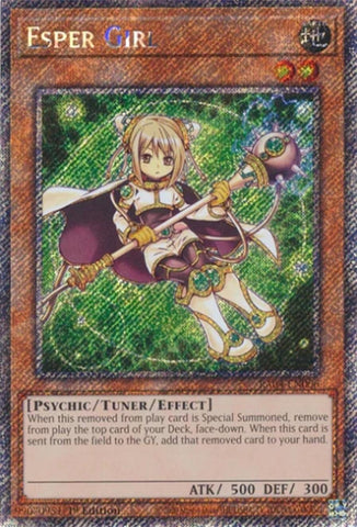 A Platinum Secret Rare "Esper Girl" card from the Yugioh Set: Quarter Century Stampede (RA04).