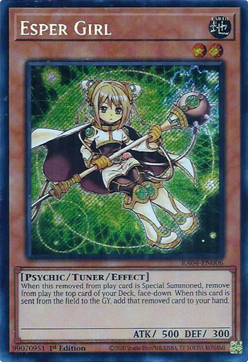 A Secret Rare "Esper Girl" card from the Yugioh Set: Quarter Century Stampede (RA04).